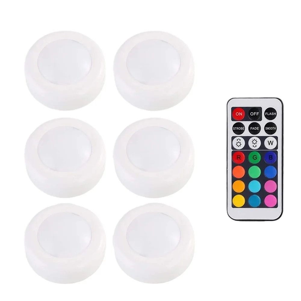 LED Cabinet Light RGB Puck Lamp Remote Control Battery Powered Dimmable Kitchen Under Cabinet Closet Light Nightlight Multicolor