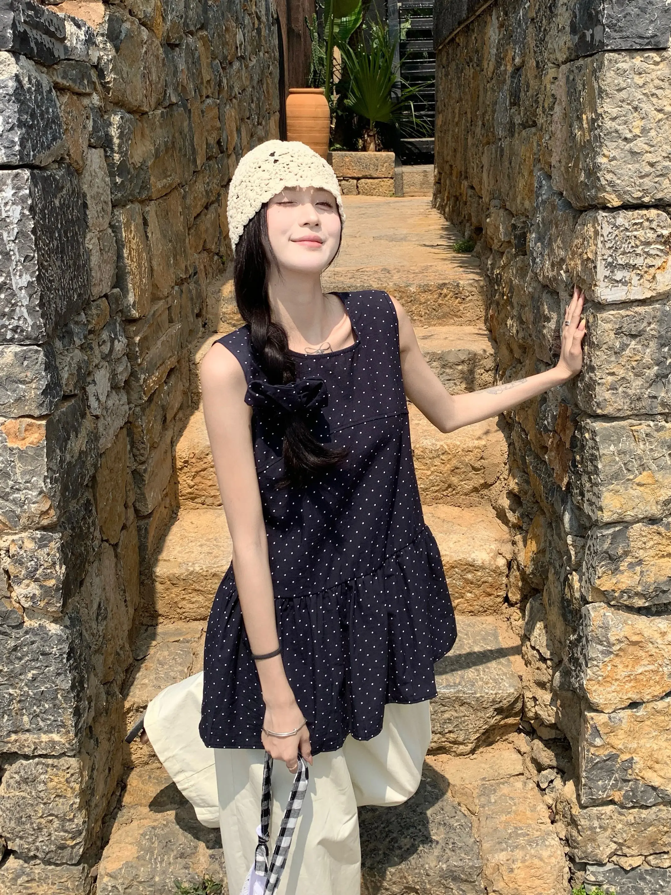 Vestido f de verão com bolinhas, estilo chique e doce, design descolado e rejuvenescedor, com camadas, ajuste confortá...