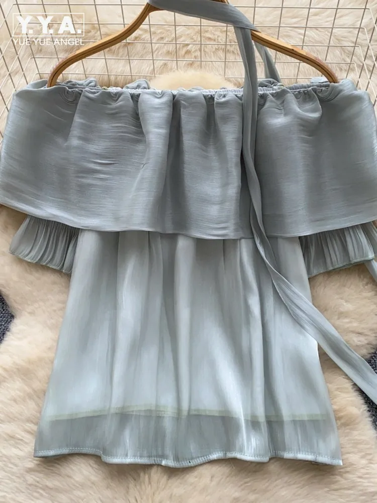 

Элегантная женская летняя блузка с вырезом-лодочкой, рюшами и короткими рукавами, однотонная, свободного кроя, дышащая, модная, с лентами