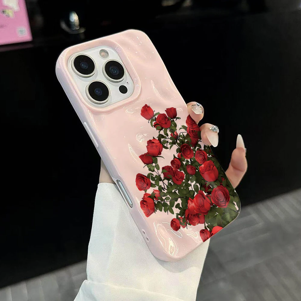 Koreanische Rosenblumen-Drucke Niedliche Handyhülle für iPhone 17 16 15 14 13 12 11 Pro Max 14 Plus 17Air Falten-Wellen Weiche Silikonhülle – Detail 3