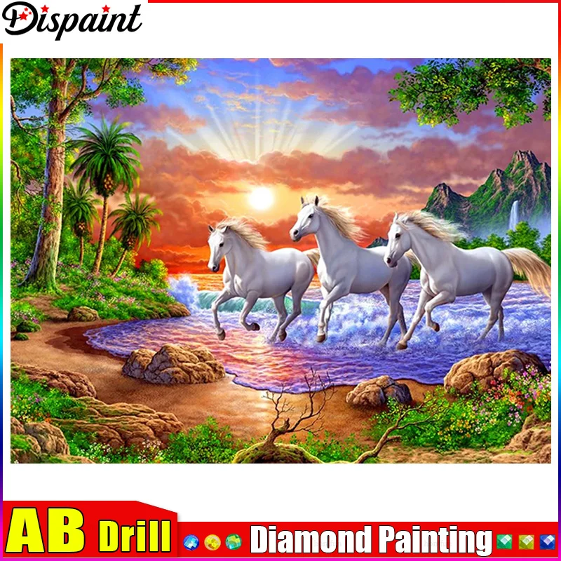 

Dispaint AB Diamond Embroidery DIY Diamond Painting Cross Stitch Kit "Horse Tree Sea" 5D Needlework Diamond Home Decoration