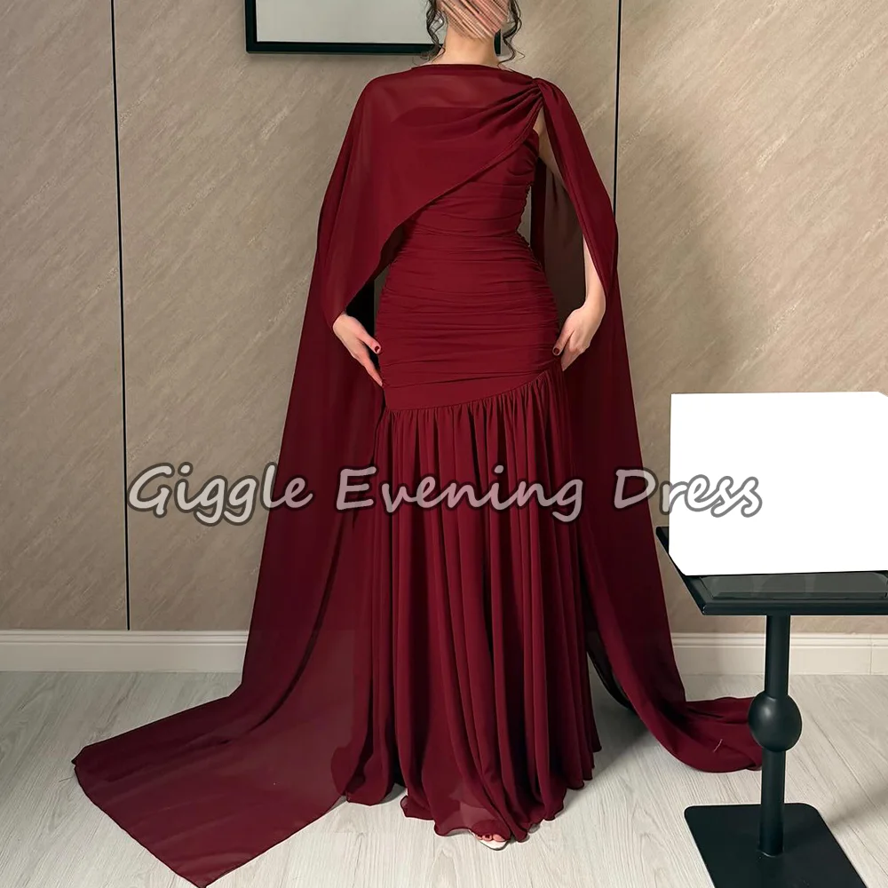 

Fashion Arabic Evening Dress Strapless Pleats Chiffon Muslim Mermaid Customized Burgundy Sexy Prom Wedding Party Gown
