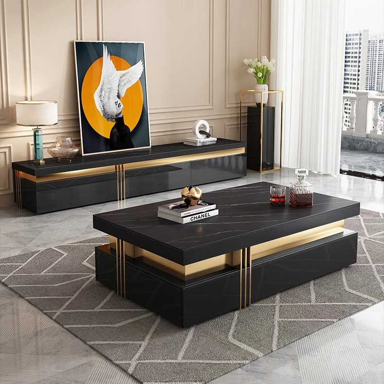 Deluxe TV Stand and Coffee Table Set Furniture Living Room Stainless Steel Wooden TV Cabinet Stand with Slate Top for Villa Home