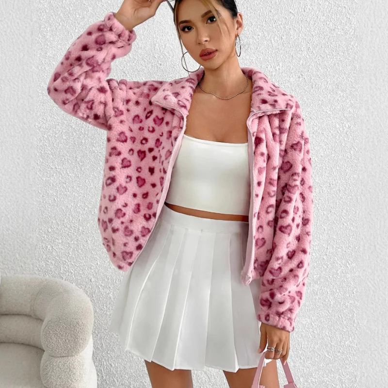 

Европейская и американская женская одежда, осенне-зимняя новая молния с длинным рукавом, плюшевая одежда с леопардовым принтом на День святого Валентина