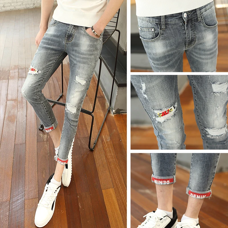 

Мужские джинсы Slim Fit, маленький размер 26-27, корейский стиль, молодежные, повседневные, из хлопкового денима, с прорезями, укороченные (9/10)