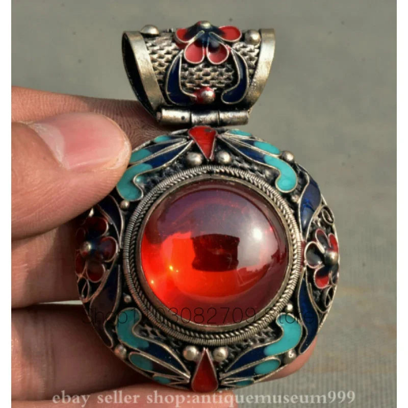 2.8 Inch Chinese Ancient Cloisonne Enamel Silver Inlaid Ruby Pendant Charm