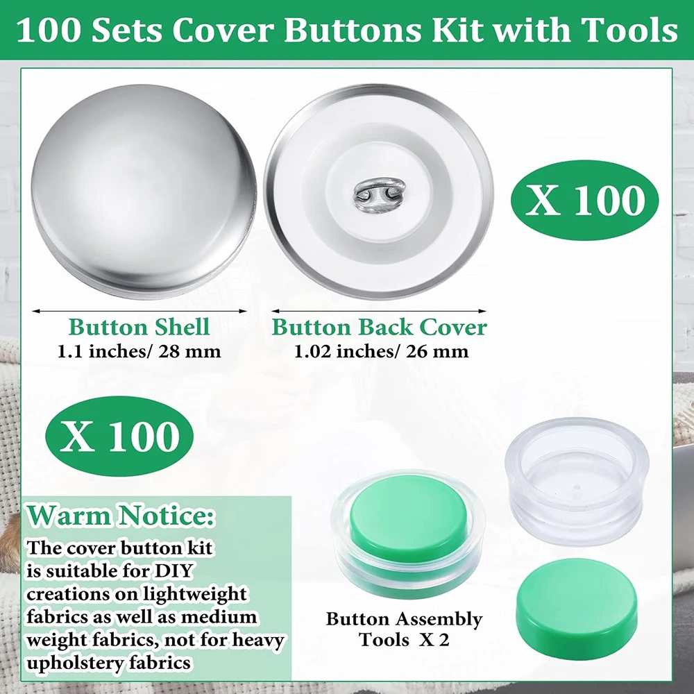 Kit de 100 boutons recouverts de tissu avec outils, 1,1 pouce, pour la décoration intérieure et les loisirs créatifs