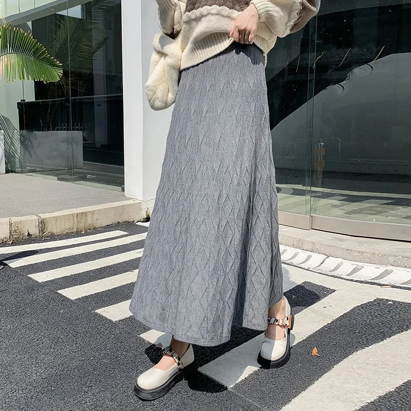 Nueva Falda larga coreana De cintura alta para Mujer, Faldas De Mujer De Moda Vintage, corte en A, Jupe tejido Saia, Faldas tipo túnica De Color sólido