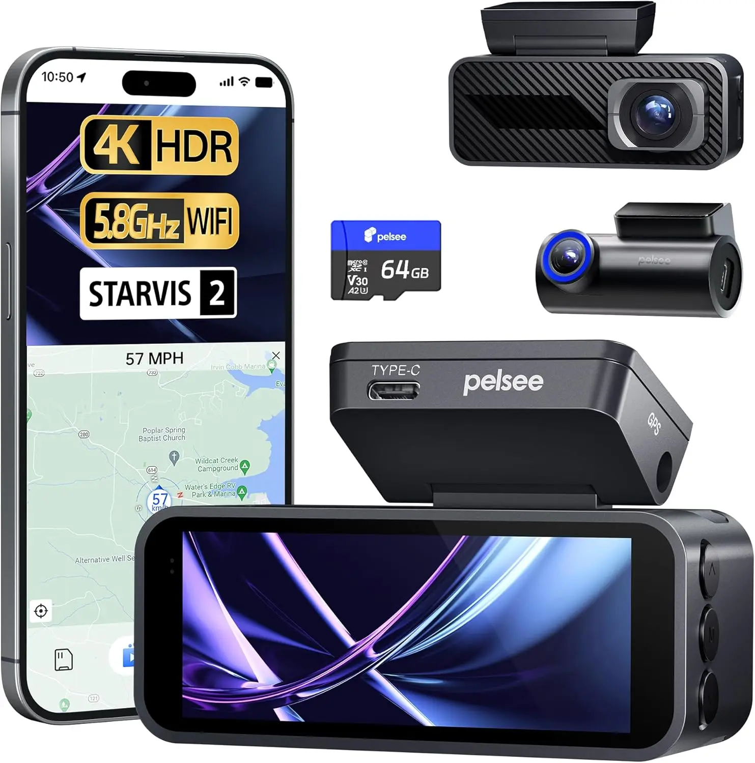 

P1 Pro 4K Dash Cam Front and Rear, STARVIS 2 Sensor, 64GB Card, Dual Dash Camera for Cars with Full-Color Night Vision, HDR WDR,