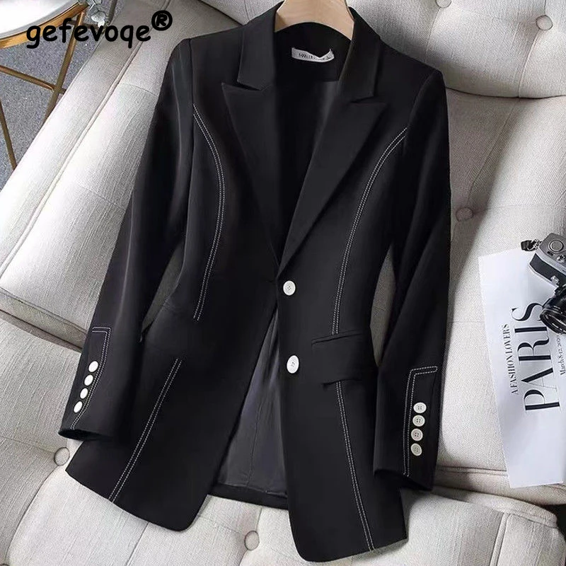 Blazer fino de botão manga comprida feminino, jaqueta com gola entalhada, casaco chique, preto, branco, escritório, senhora, primavera, outono, moda, elegante