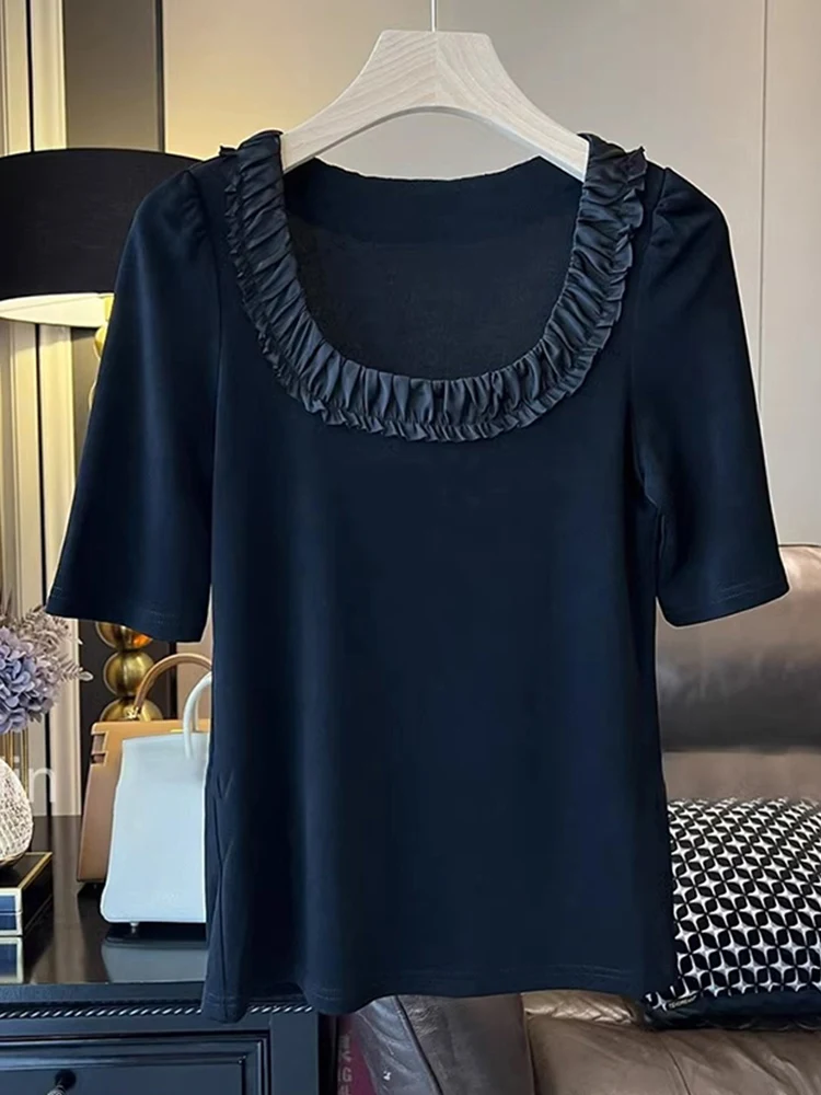 

Retro Hong Kong Sle ort Sve Square Collar T-irt Women's Faionable Slimming Versatile Overhead Base irt Summer Ne...