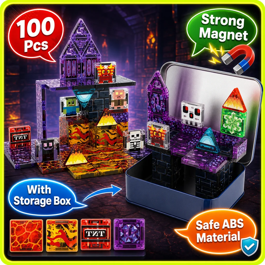 100Pcs Magnetic Tiles Lava Cave Theme Strong Magnet Building Blocks Safe ABS STEM Educational Toy Kids Boys Girls Gift