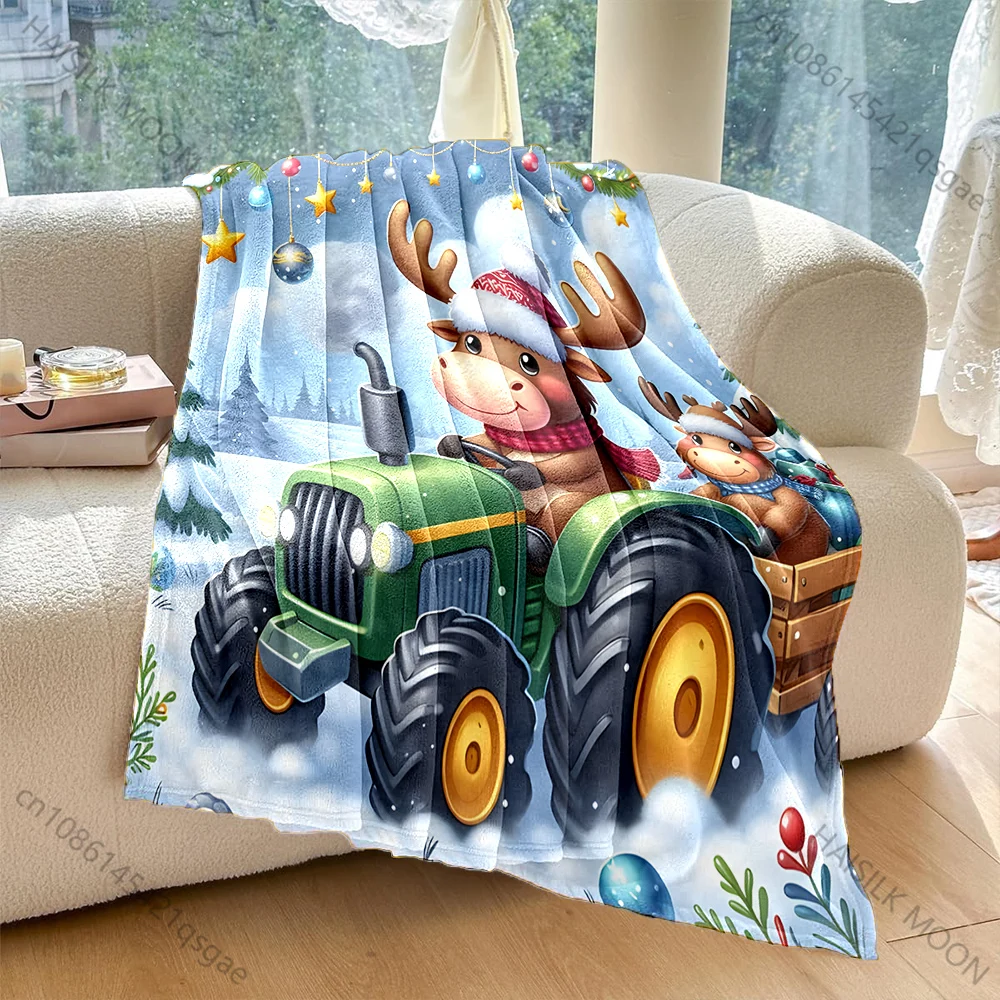 Festive Moose Driving Tractor Pattern Blanket Flannel Material Soft Warm for All Seasons, Home Outdoor Camping Picnics RV