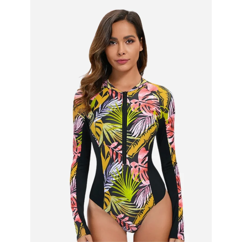 

Цельный женский купальник Rash Guard с длинным рукавом UPF 50+ Купальный костюм с цветочным принтом Купальники для серфинга