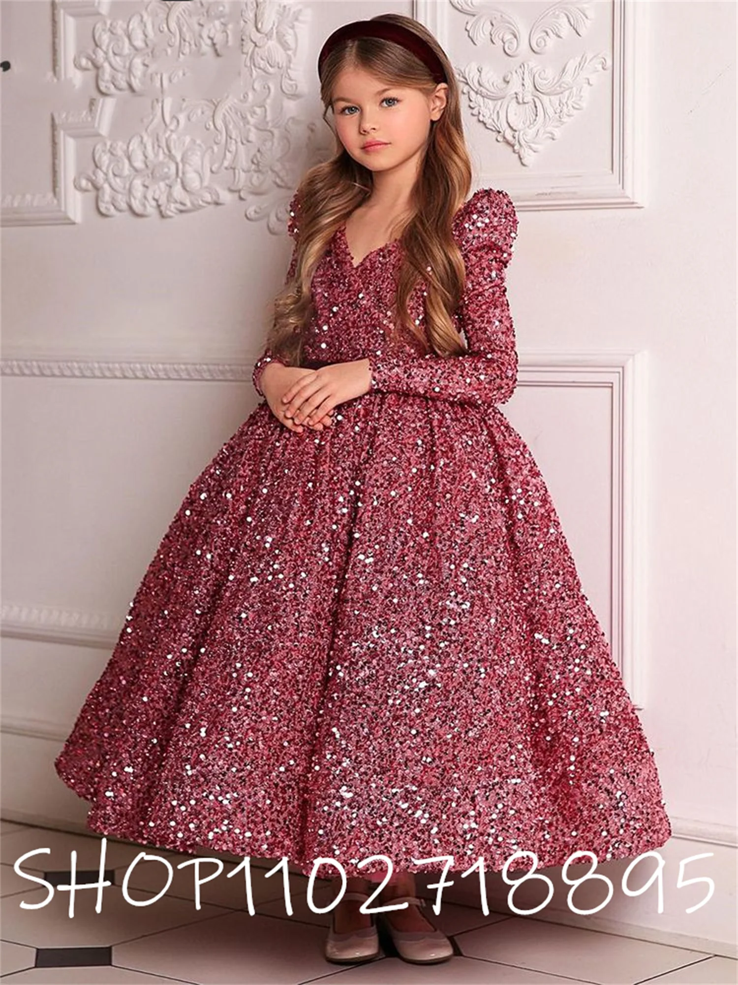 Glitter Sequin Celebrity Flower Girl Dress V Neck Backless Elegant First Communion Dress Little Bride Dress Bow Girl Dresses