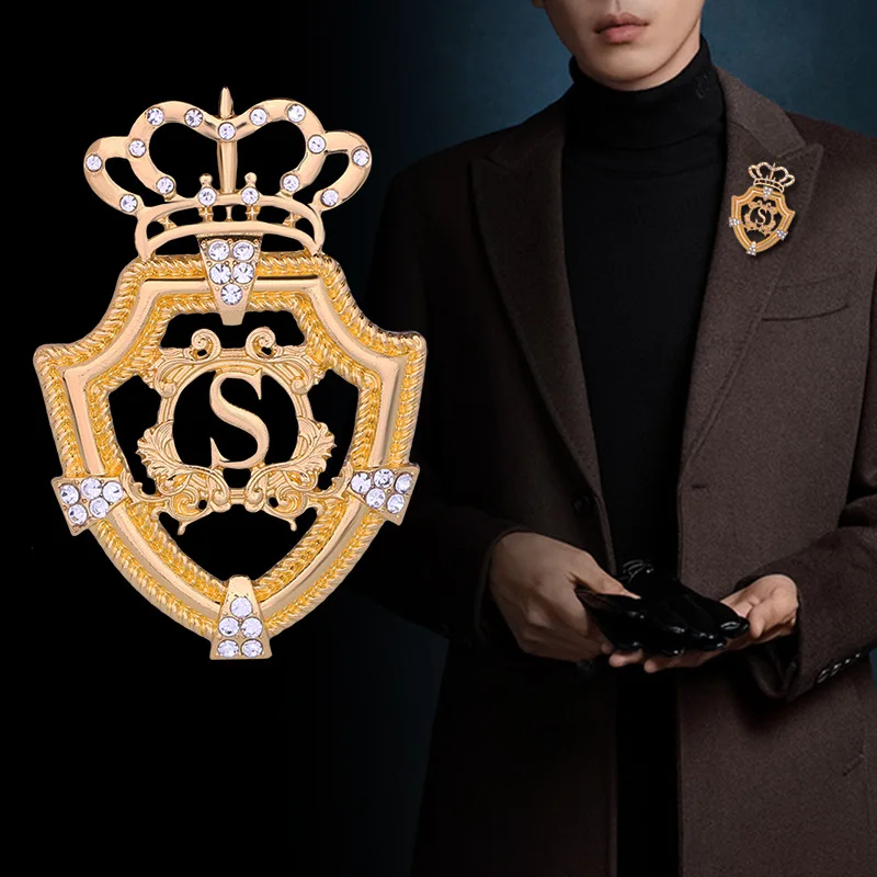 Men's Shield Badge Tidal Letter S Pin Windbreaker Coat Accessory Corsage European American Personality Crown Brooch Wholesale