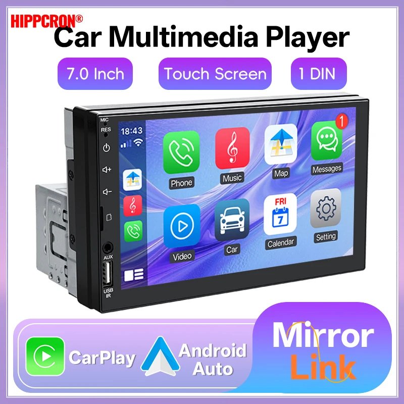 Hippcron 7 pouces 1 Din autoradio HD écran tactile lecteur multimédia Carplay Android Auto universel Bluetooth miroir lien FM Aux