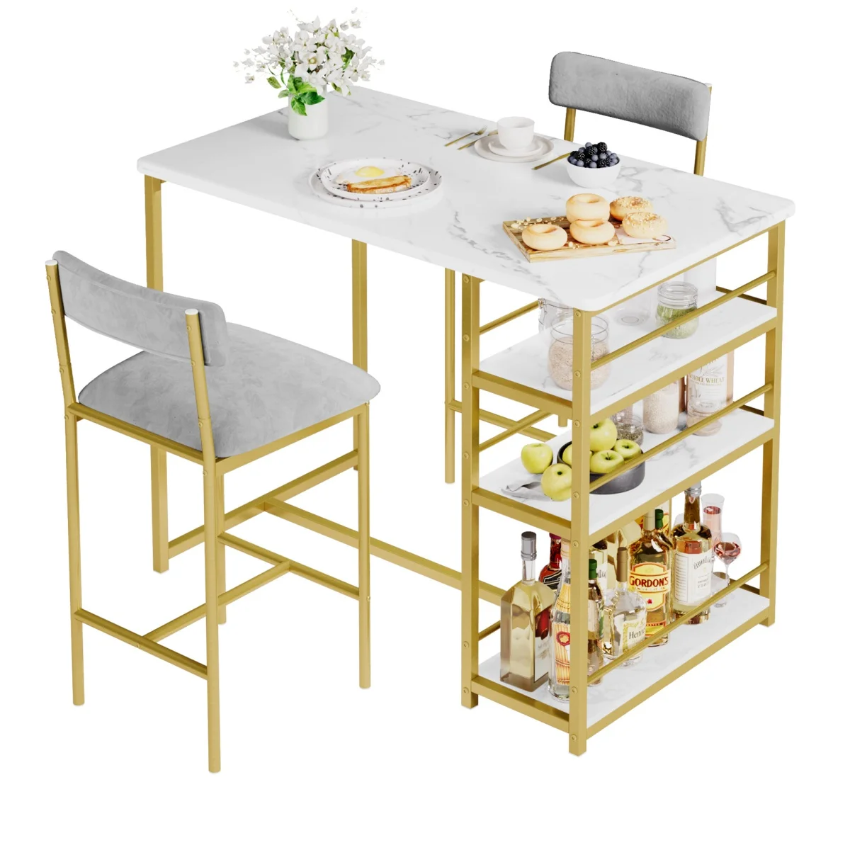 2-Person Dining Table Set,Bar Table with 2 Upholstered Chairs &3 Storage Shelves Small Space Kitchen Table for Apartment,Pub Sty