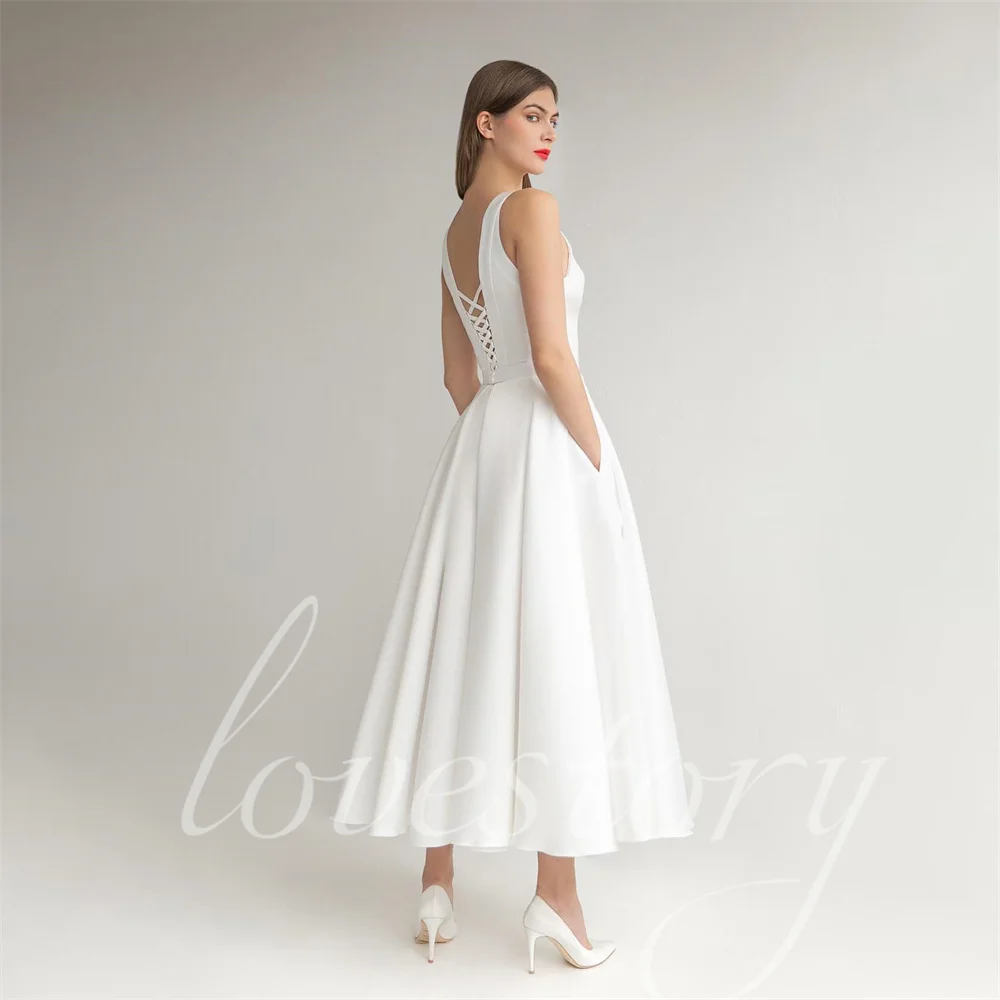 Simple A Line Wedding Dresses With Pockets Satin Mid Caf Sleeveless Bride Robes Elegant V Neck Bridal Gowns Vestidos De Noiva