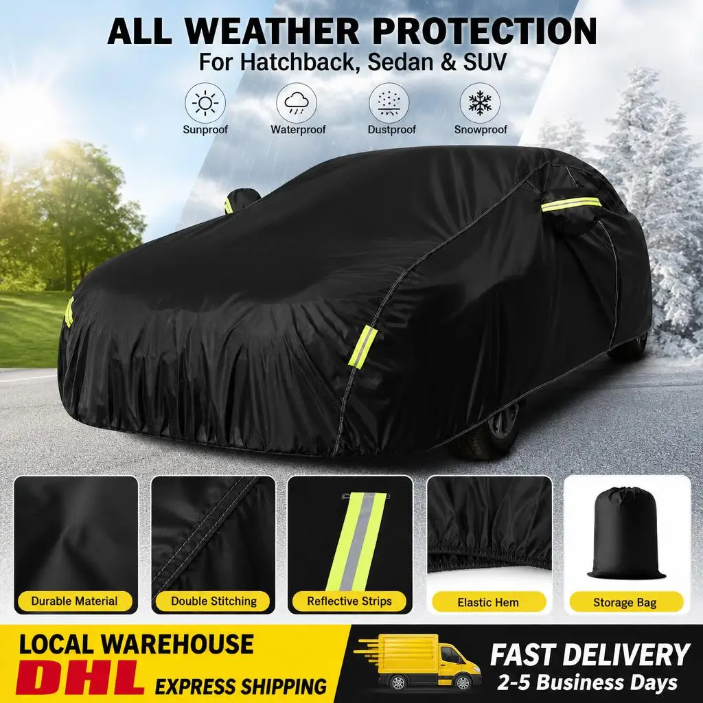 Image of Universelle Autoabdeckung, Vollständiger Außen-Schutz, Schwarze Autoabdeckung, Sonnenschutz, Staubdichter Schutz mit Reflektorstreifen, Universell für Fließheck, Limousine, SUV