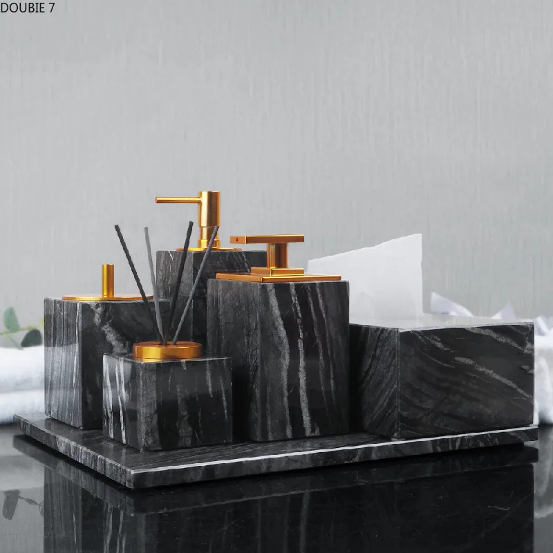 

Four-piece Suit Black Marble Hotel Bathroom Supplies Liquid Soap Dispenser Gargle Cup Tray Soap Dish Bath Accessories Set