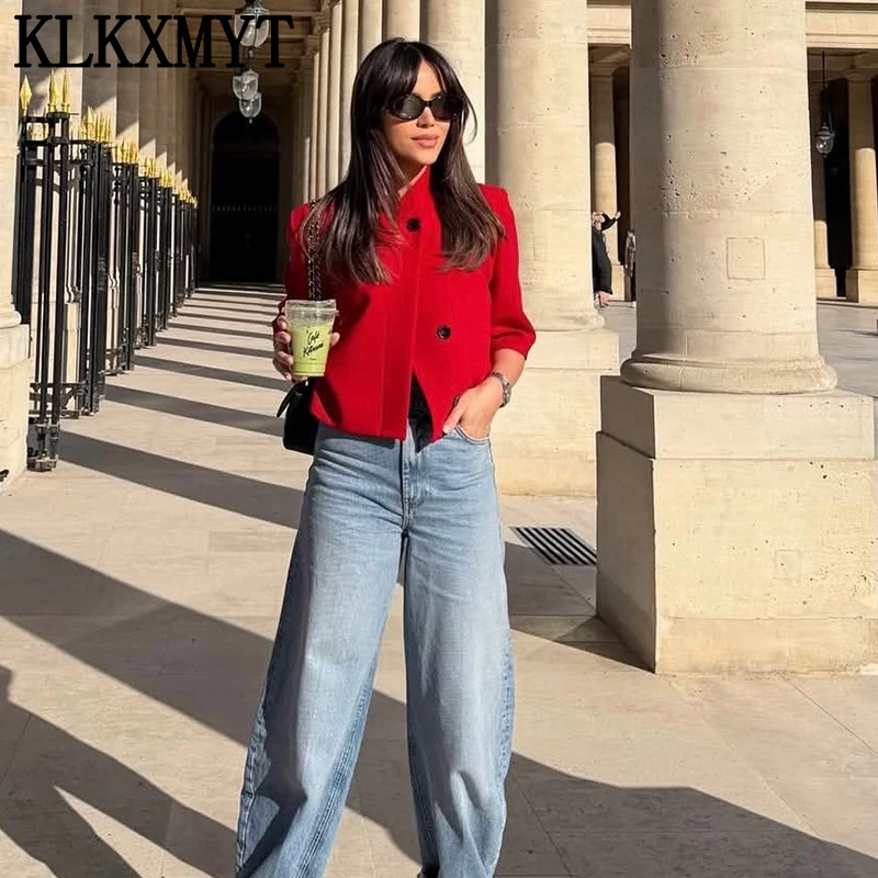 KLKXMYT Women's Cropped Blazer Spring New Female Coats One-Button Half Sleeve Tops Lady Shoulder Pads Street Outerwear ﻿