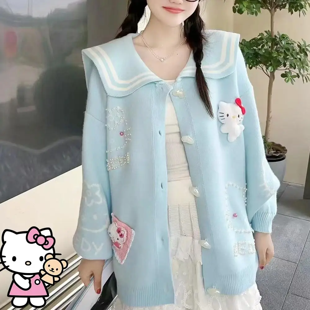

Милый женский вязаный кардиган Hello Kitty с мультяшным принтом, осенний, в стиле аниме, для девочек-студенток, свободный, мягкий, повседневный топ