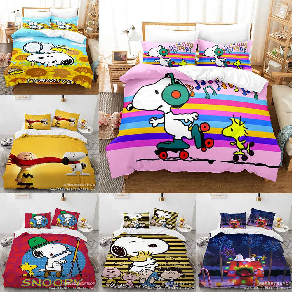 Snoopy Cute Print Bedding Sets Comforter Quilt Bed Cover Duvet Cover Pillow Case 2-3 Pieces Sets Kids Adult Size Home Decor