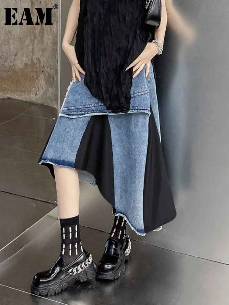 [EAM] High Elastic Waist Black Denim Irregular Color-block Half-body Skirt Women Fashion Tide New Spring Autumn 2024 1DH5253