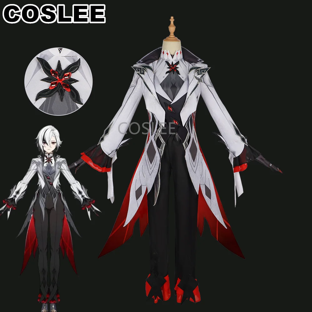 COSLEE [XS-3XL] Arlecchino Cosplay Genshin Impact The Knave Costume Game Suit Fashion Swallowtail Uniform Halloween Party Outfit