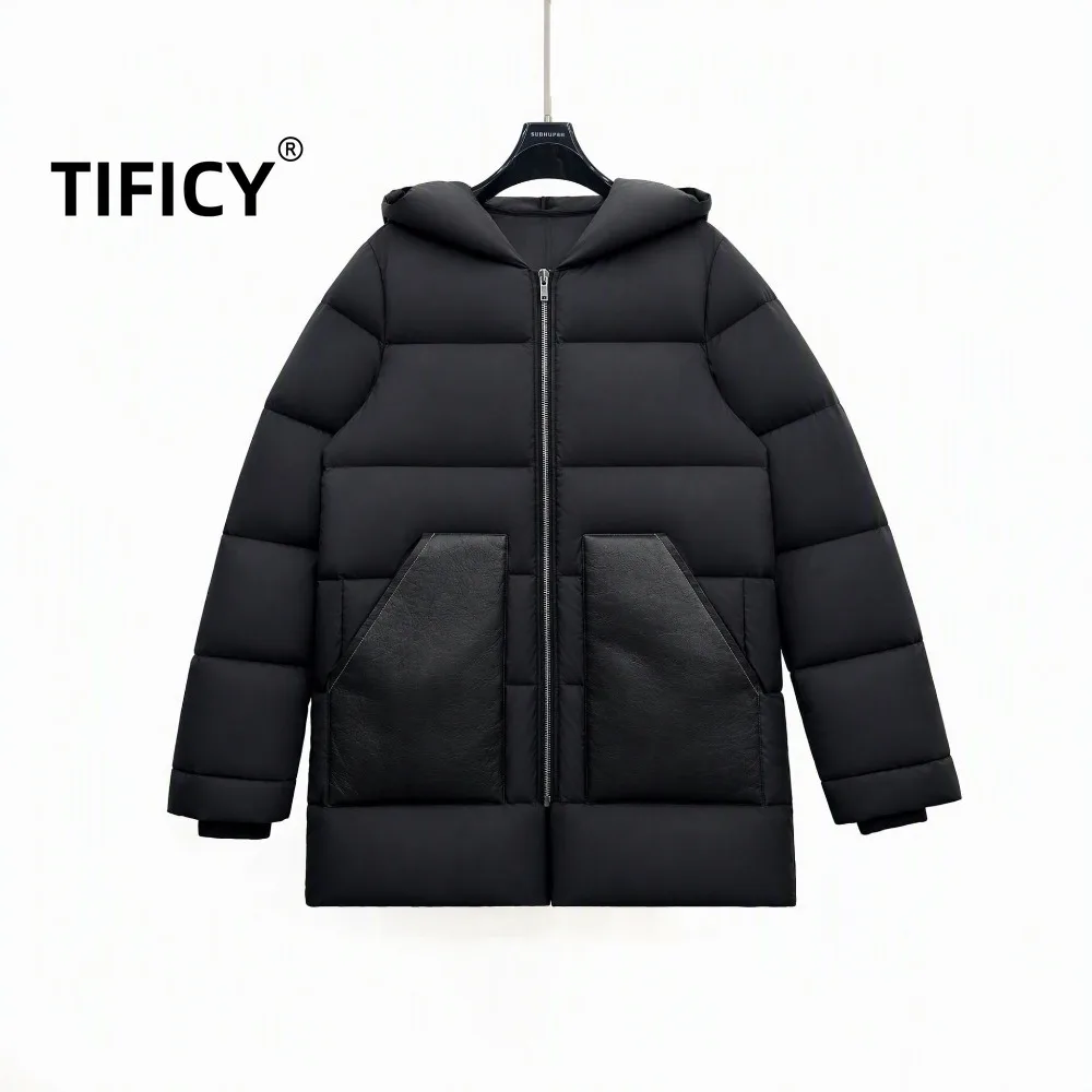 High Street Dark Style Down Jacket Men's Winter Warm Thick Versatile Black Spliced Large Pocket Cold Resistant Down Jacket