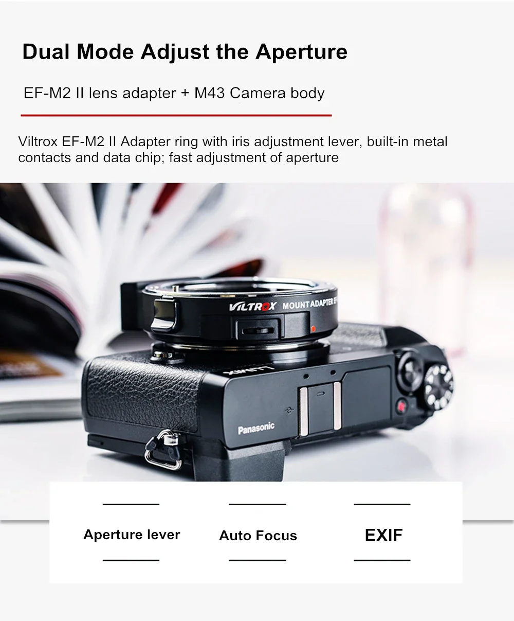 

Viltrox EF-M2 II Speed Booster Adapter Focal Reducer Auto-focus 0.71x for Canon EF Mount Lens to Panasonic Olympus M4/3 Camera