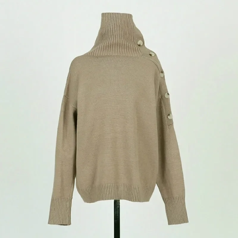 Pull à col roulé coréen à manches longues pour femmes, pulls chauds basiques avec boutons, hiver 2023