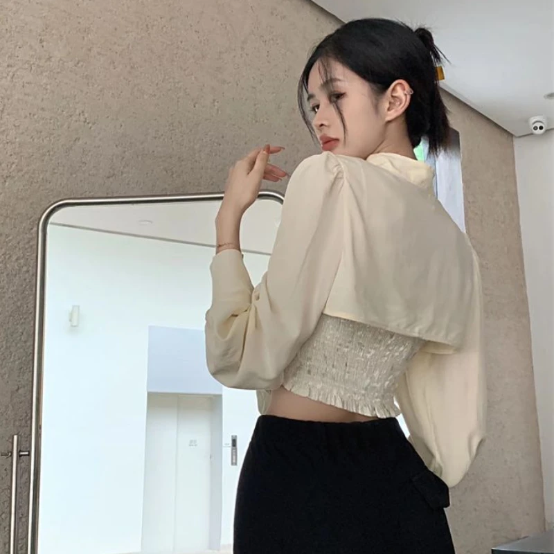 Cropped Blouses Women Elegant Aesthetic Chinese Style Temper Tradition Ladies Stand Collar Designer Luxury Minimalist All-match