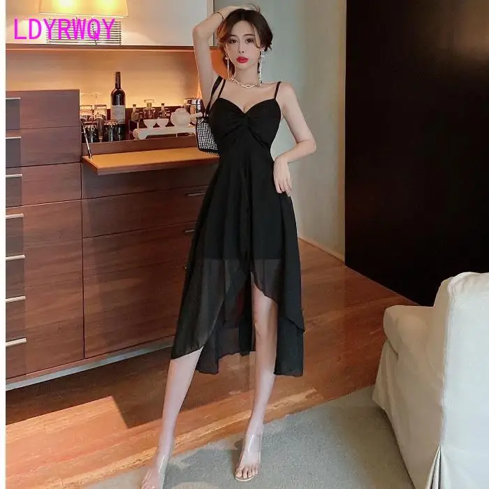 Slip skirt irregular chiffon panels, V-neck low-cut nipped-in waist dress, beach resort maxi dress