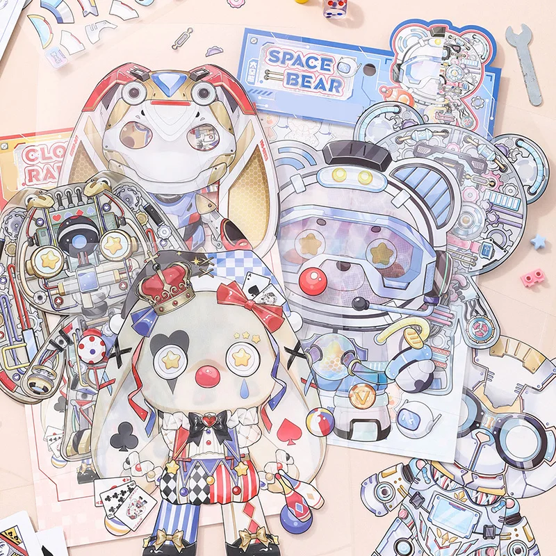 3D-doll mechanical scenery stickers, 3 layers of overlays, 3 baseboards, 4 stickers, with die-cutting, for DIY scrapbooking, han