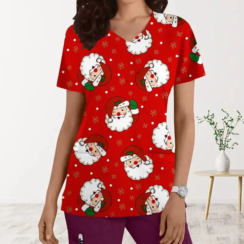 Summer Breathable Women's Short-Sleeve Printed Christmas Style Medical Workwear Clinic nurse workwear medical surgical gown