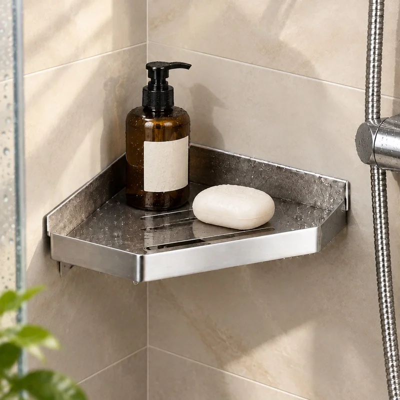 Stainless Steel Corner Shower Shelf for Bathroom Shampoo and Gel Organization, Wall-Mounted Design