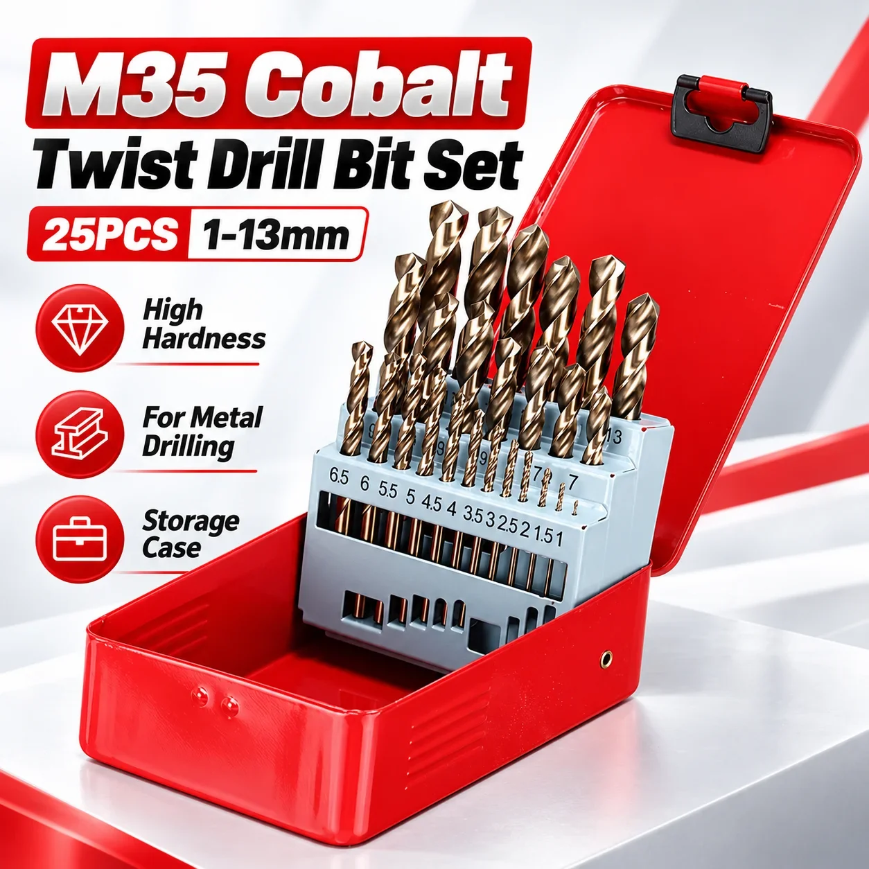 M35 HSS Co 5% Cobalt Twist Drill Bit Set Metric Straight Shank With Metal Case For Stainless Steel Wood Metal Drilling