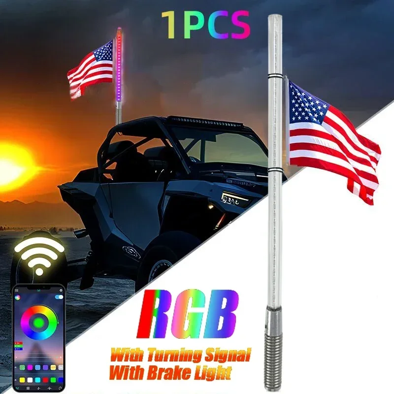 Led Whip Light 1pcs Car Led Light RGB Waterproof APP Music Control Bluetooth LED Flagpole Lamp for SUV ATV UTV, RZR