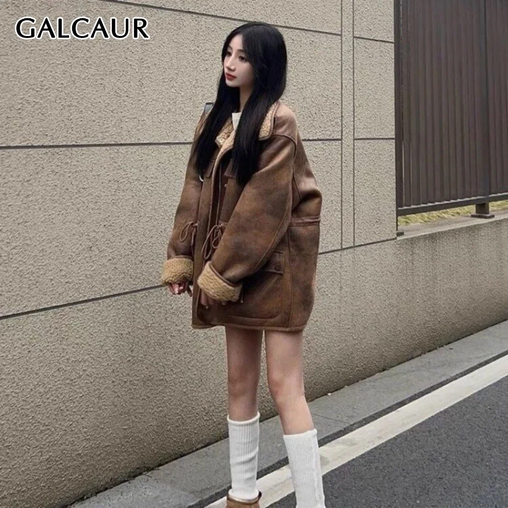 

GALCAUR Vintage Patchwork Darwstring Women's Winter Jacket with Fur Laple Long Sleeve Spliced Pockets Fashon Coat Female Clothes