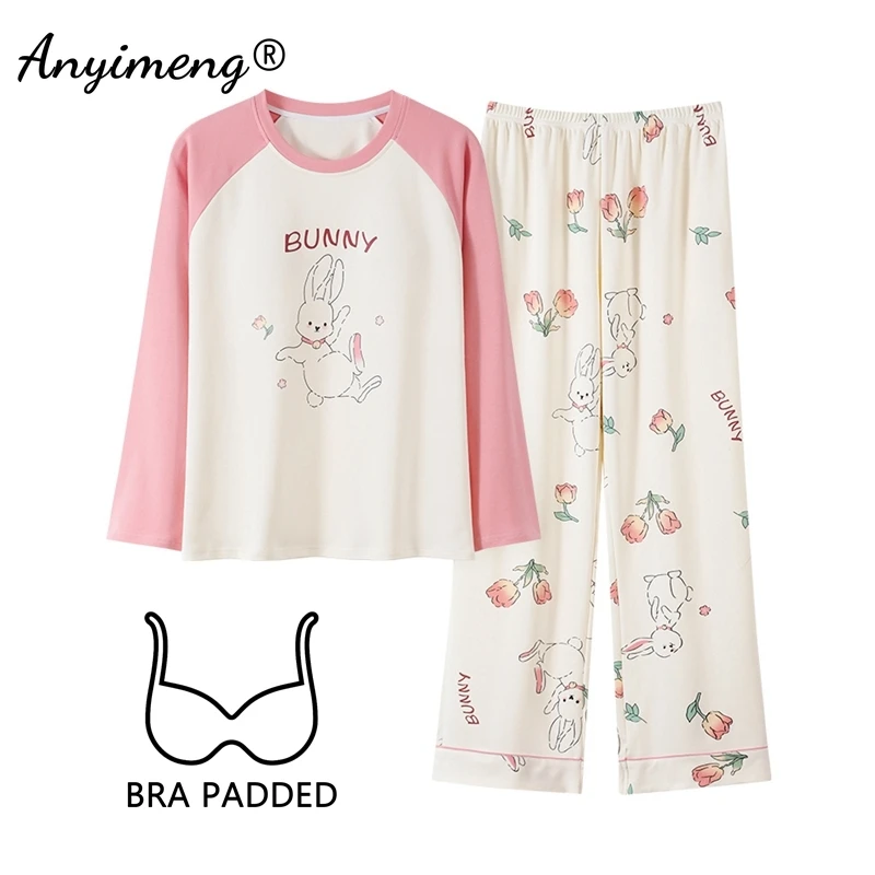 Set pigiama con stampa coniglio carino Nuovo pigiama da donna autunno inverno con reggiseno maniche lunghe Homewear donna indumenti da notte in