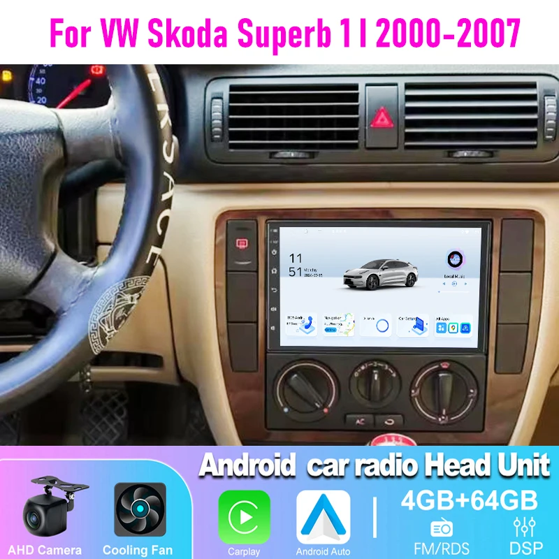 

4-64GB 7" Car Radio For VW Skoda Superb 1 I 2000-2007 Wireless Carplay Android Auto WIFI BT Bluetooth Head Unit