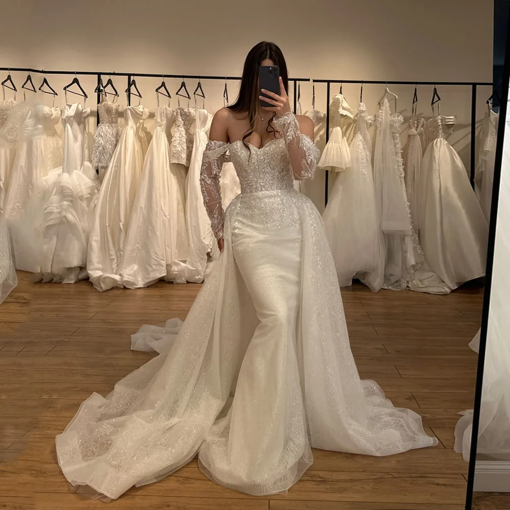 

MCDV Vintage Wedding Dress for Women Appliques Off Shoulder Detachable Train Sequined Mermaid Lace up Robe De Mariee Customized