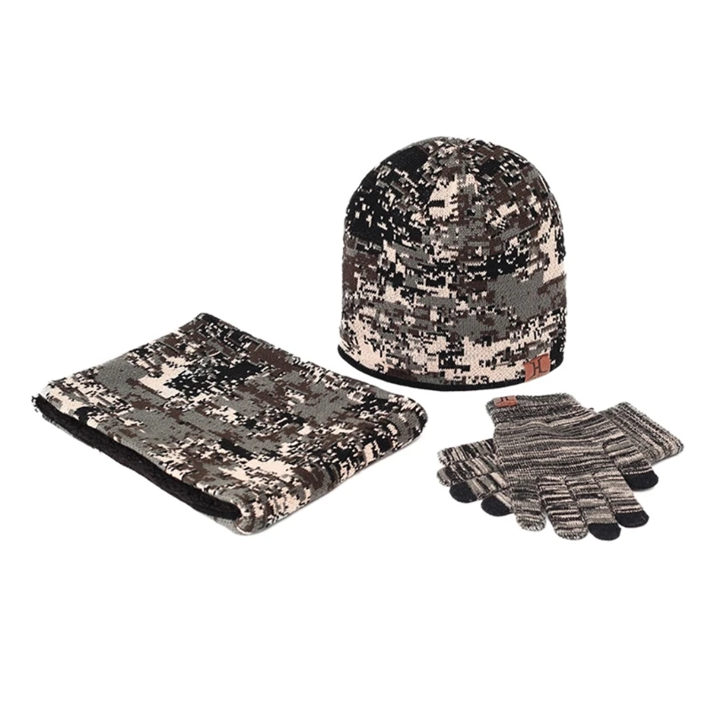 New Men Women Winter 3Pcs Camouflage Knit Beanie Hat Scarf for Touch Screen Gloves Set Thick Plush Lining Skull Neck