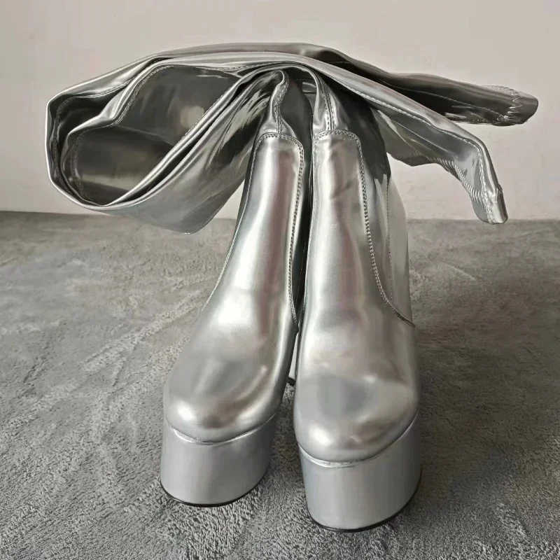 2024 winter New Fashion Silver Platform Chunky Heel Round Toe Nightclub Stage Over The Knee Boots for Women Big Size Shoes 43 45