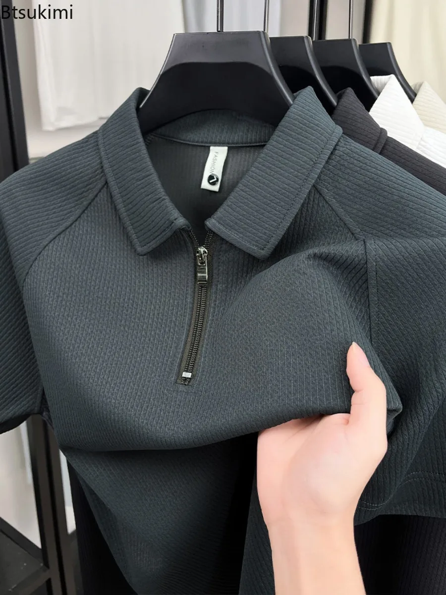 High Quality Short Sleeve T-shirts for Men Summer Fashion Lapel Half Zip Pullover Tops Male Basic Tees Casual Sports Polo Shirts