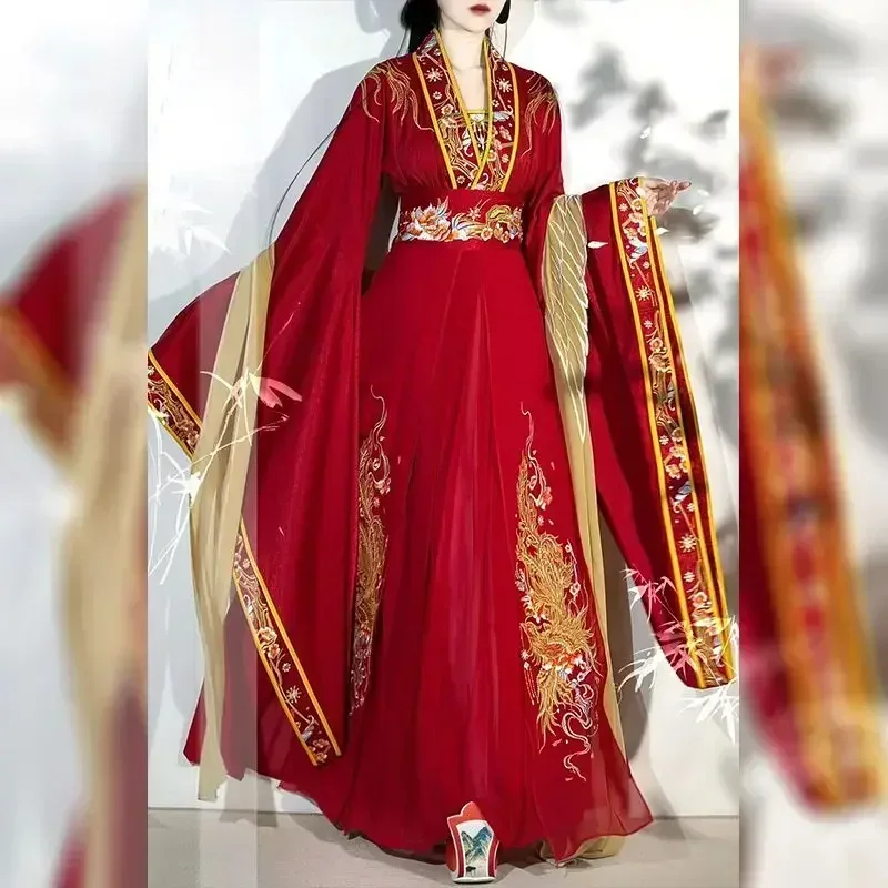 Chinese Style Traditional Dress Hanfu Dress Set Women Weijin Dynasty Flower Embroidery Red Wedding Dress Vintage Elegant Robe