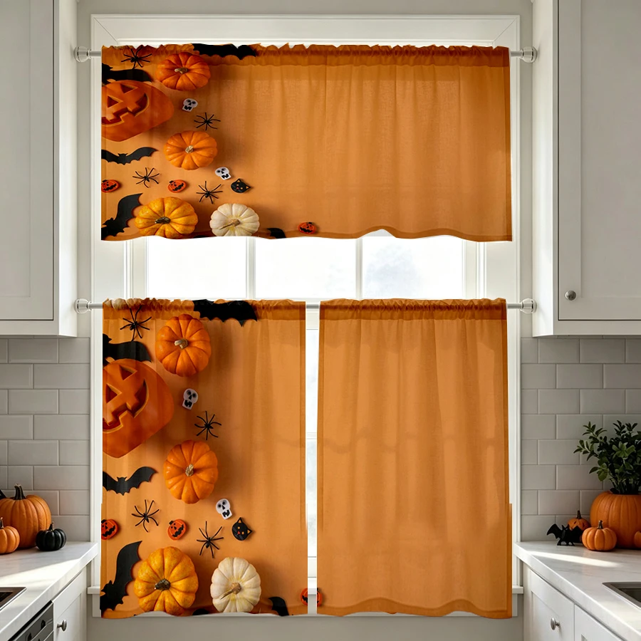Halloween Fall Kitchen Curtains, Pumpkin Bat Spider Skull, Digital Print, Kitchen Dining Room, Rod Pocket Polyester, Home Decor