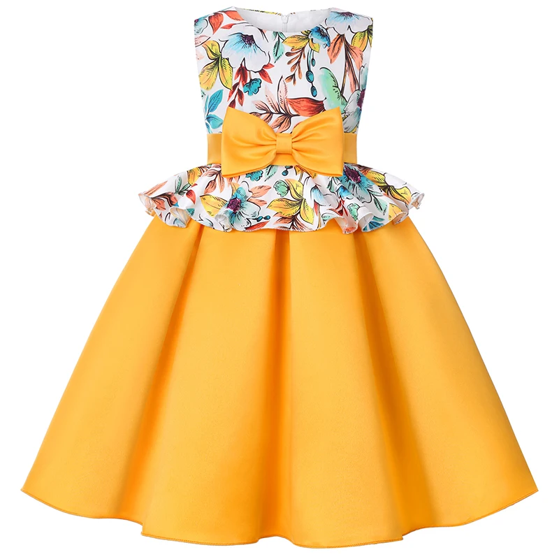 2024 New Girls Dress Flower Print Bow Summer Elegant Little Princess Dress Piano Performance Evening Gowns Children\'s Clothing